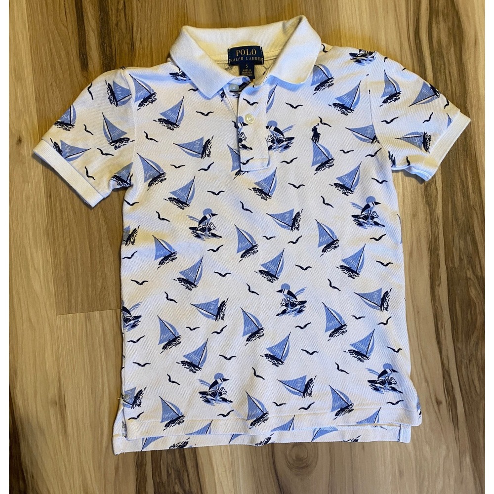 Polo Ralph Lauren Kids White Blue Nautical Sailboat Seagull Polo Shirt Size 5